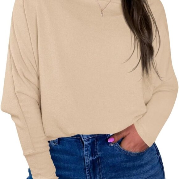 Women's Khaki Long Batwing Sleeve Off-the-Shoulder Loose Tunic Blouses - Picture 1 of 5